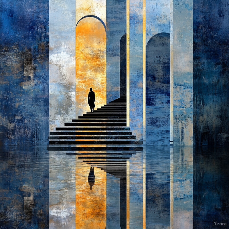 A surreal landscape featuring a staircase, arches, and columns set against a blue backdrop.