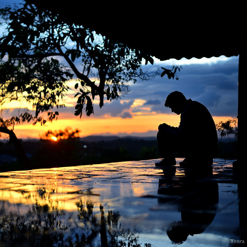 A man sits on a ledge or balcony, gazing out at a breathtaking sunset.