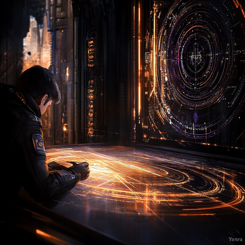 A man sits in front of a large, circular portal or gateway with an intricate design and glowing orange lights.