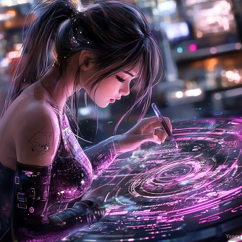 A young woman with long black hair in a ponytail is intently focused on her work, drawing on a holographic screen in an urban setting at night.