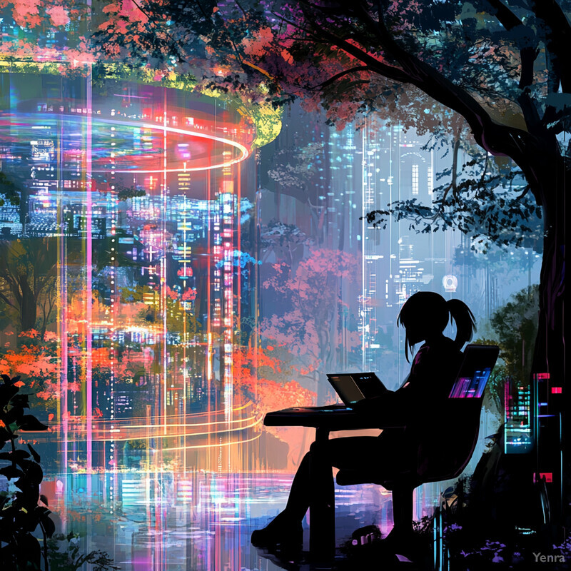 An anime girl sits at a desk in front of a window, looking out at the serene landscape beyond.