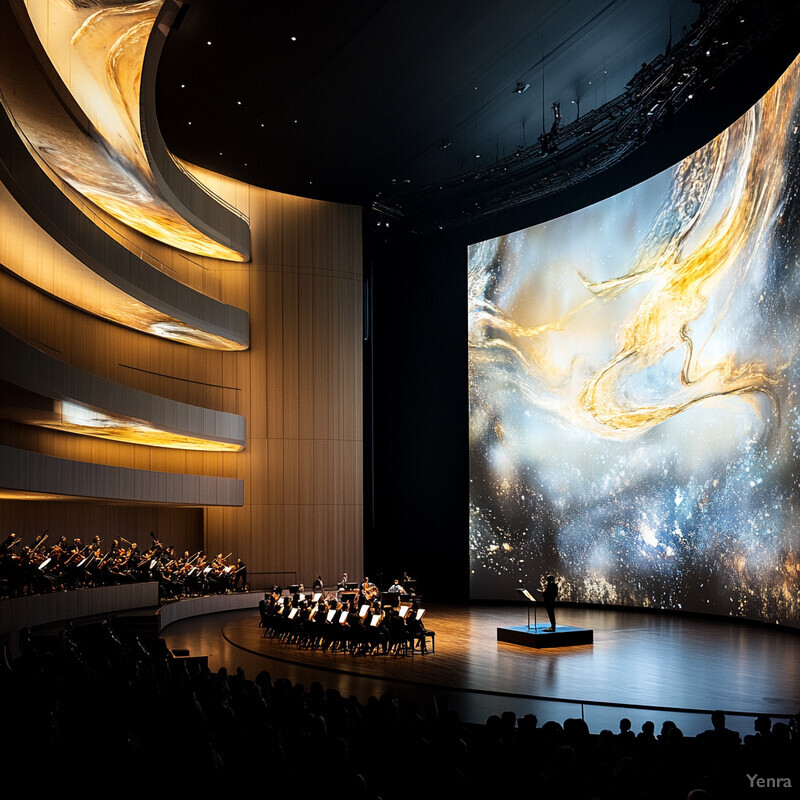 A grand concert hall with an orchestra and soloist on stage, accompanied by a stunning visual representation of a galaxy or nebula in the background.