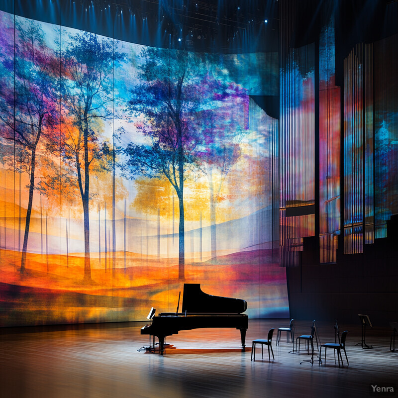 A grand piano sits on a stage in front of a vibrant mural.