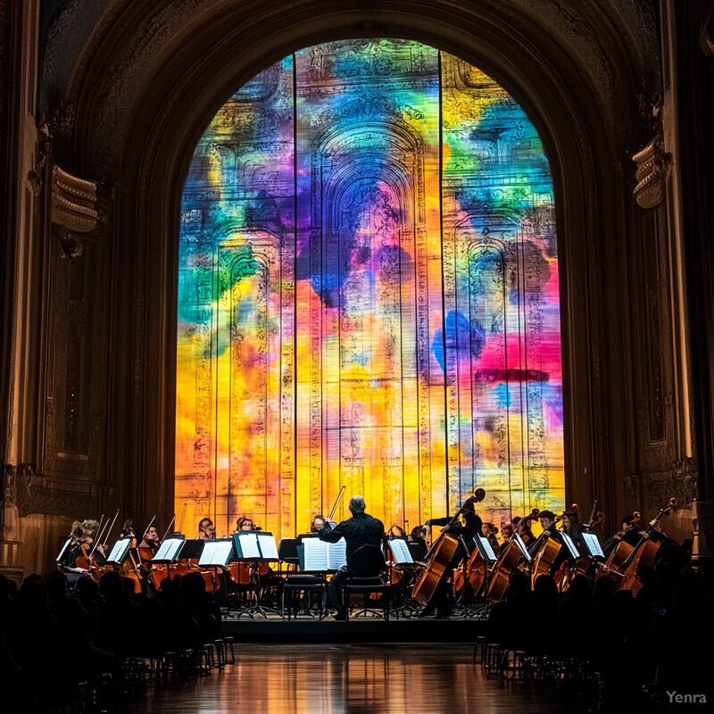 Orchestra performing in a grand concert hall.