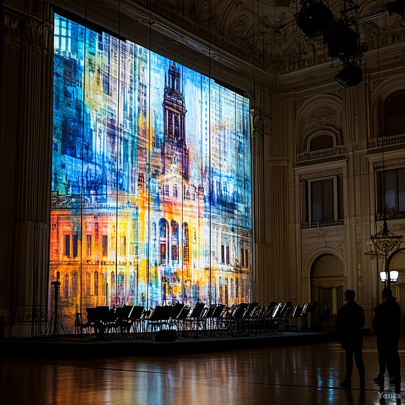 A grand room with a large screen displaying an abstract cityscape and ornate walls, likely hosting a formal event.