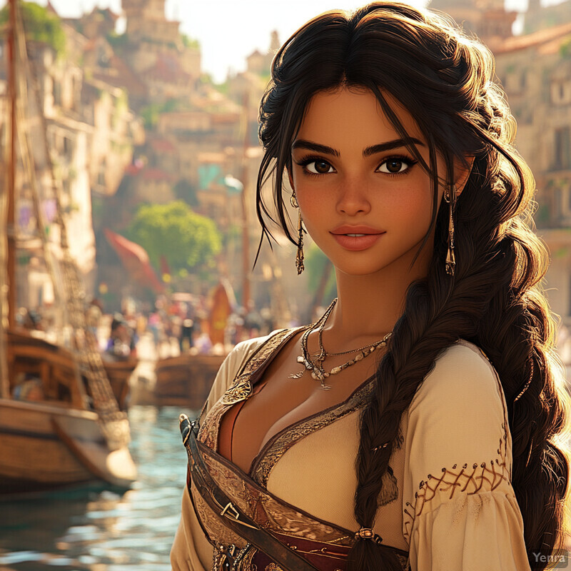 A woman with dark hair styled in a braid, wearing traditional attire and jewelry, stands in front of a body of water with buildings in the background.