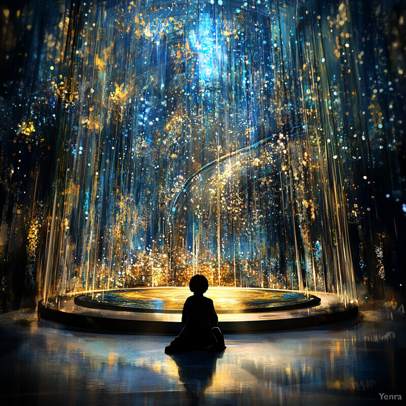 A person meditates in front of a glowing portal.