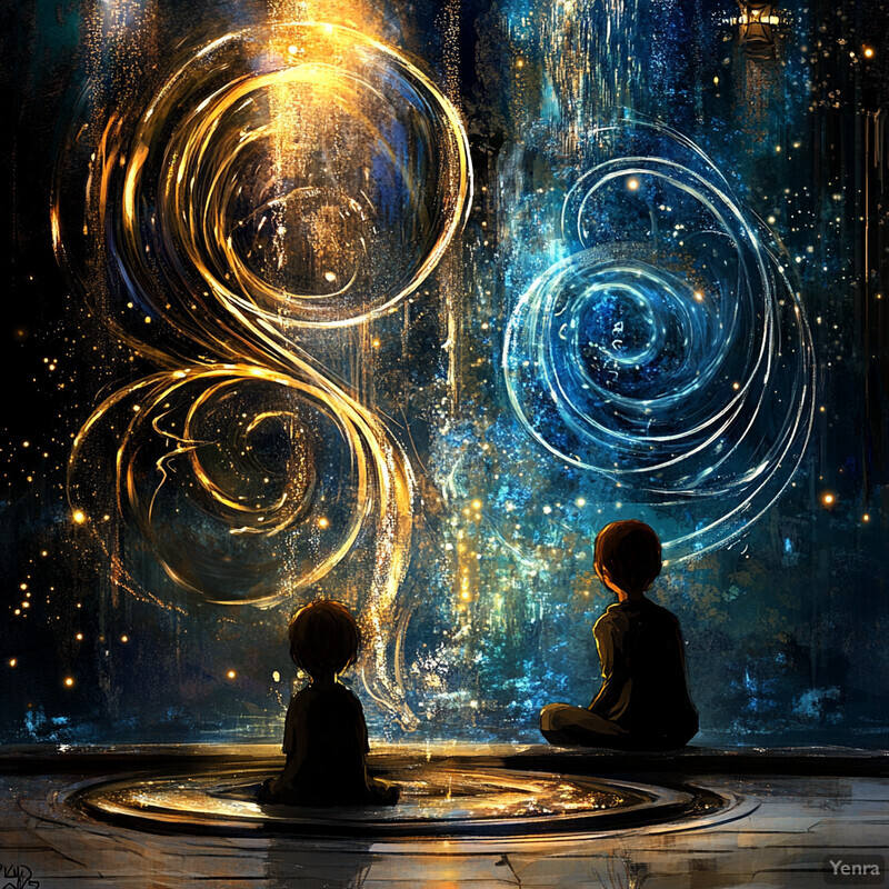 Two children sit in front of a glowing portal or gateway.