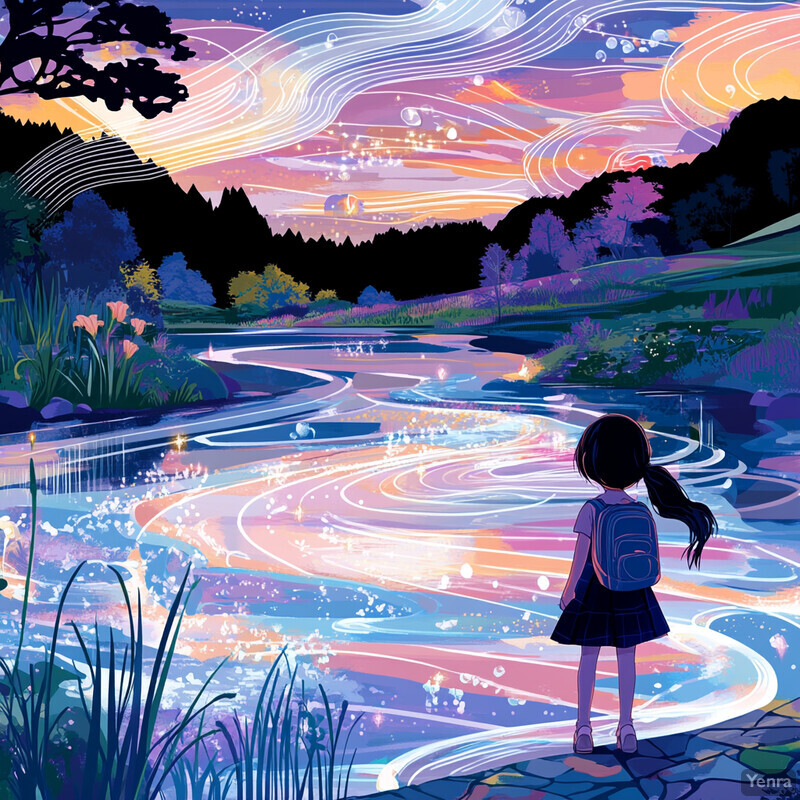 A young girl stands on the bank of a winding river, gazing out at the water's edge.