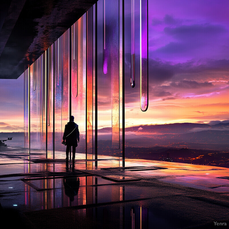 A person stands in front of a large, reflective wall with vertical lines and droplets of water hanging from it, looking out at a sunset or sunrise.