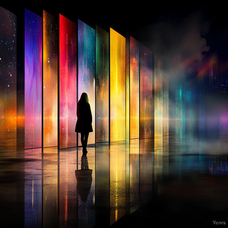 A woman stands in front of a wall of vertical screens displaying vibrant, abstract images, creating an immersive visual experience that blends reality and technology.