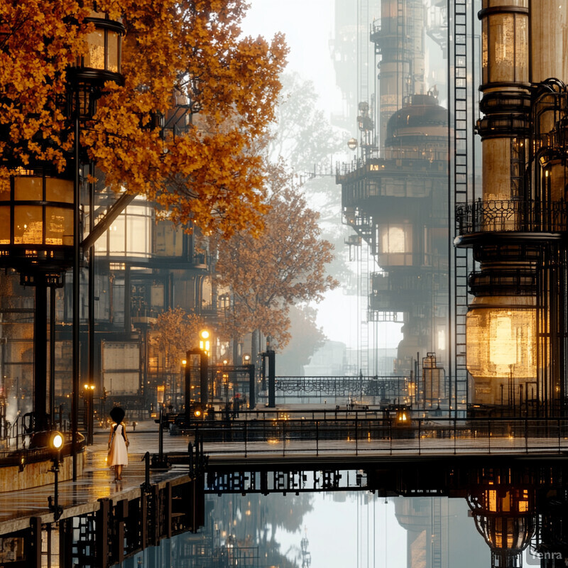 A woman walks along the edge of a canal in a futuristic city with industrial architecture.