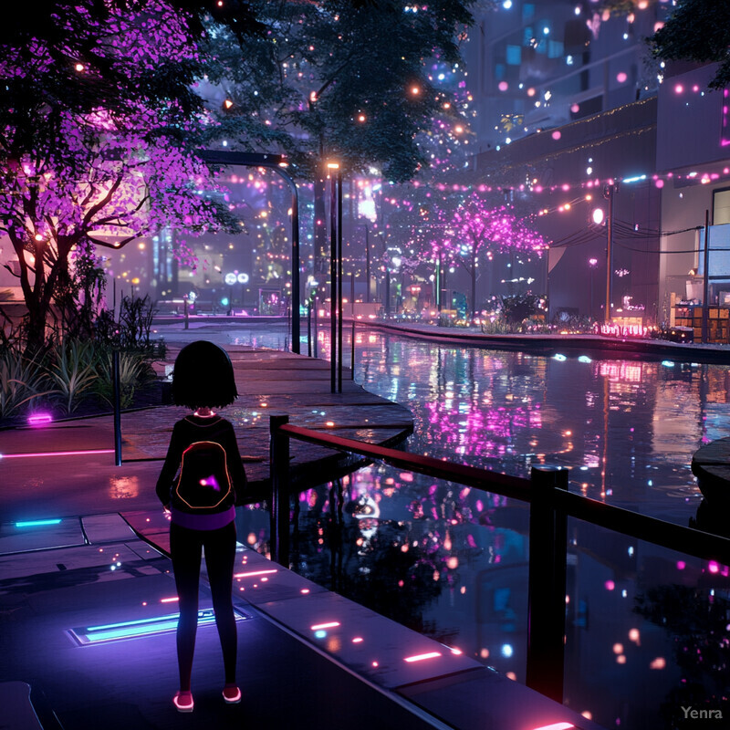 A young girl stands on a sidewalk at night, surrounded by a vibrant and futuristic cityscape.