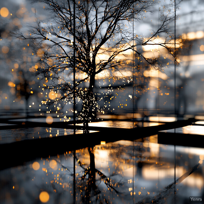 A tree with bare branches stands out against a dark and blurred background, its leaves glowing with an ethereal light.