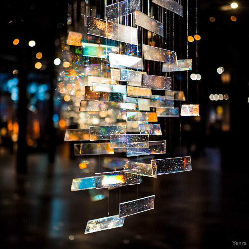 A hanging sculpture made of small rectangular glass or crystal pieces suspended from thin wires or strings.