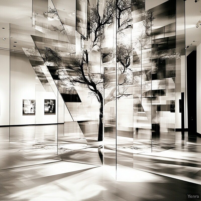 A black-and-white photograph of a bare tree trunk in an art gallery setting.