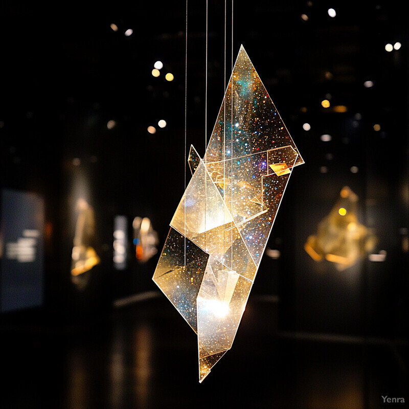 An abstract art piece featuring gold-colored geometric shapes suspended in mid-air.