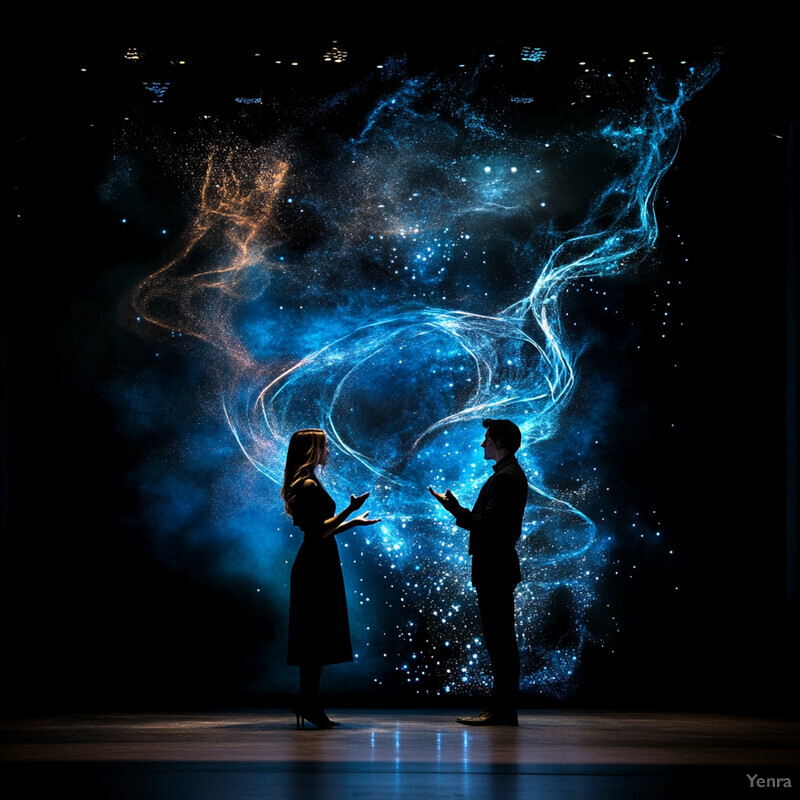 Two individuals stand in front of a vibrant blue and black background with swirling patterns, engaged in conversation or performing a magic trick.