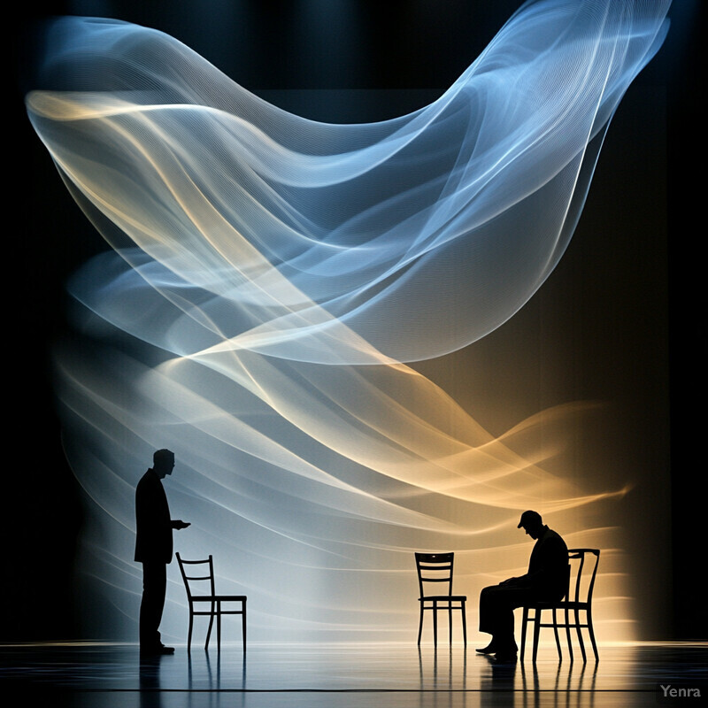 Two men engage in a conversation on a stage set with four chairs.