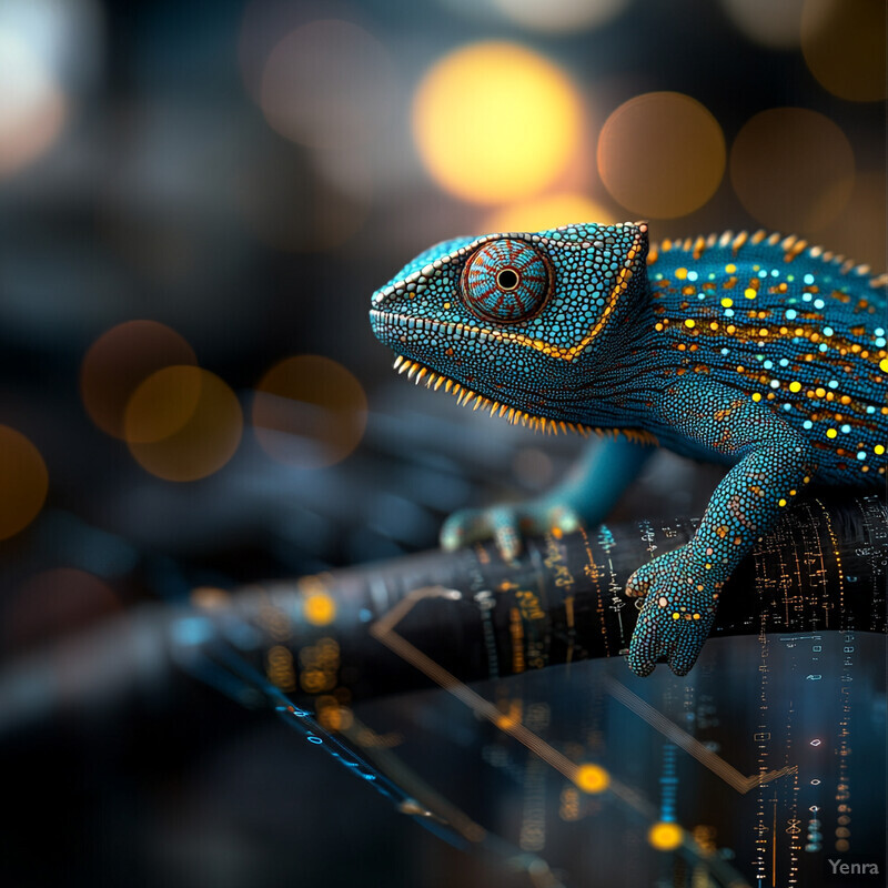 A blue chameleon with gold accents sits on top of circuit boards and wires in a laboratory or workshop setting.