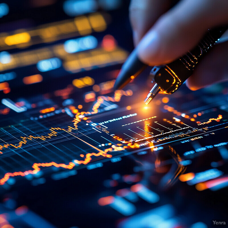 A person's hand is poised over an illuminated screen displaying various graphs and charts.