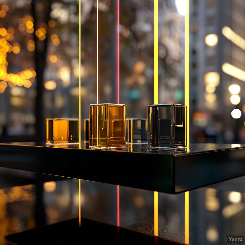 A collection of glass containers is artfully arranged on a black surface, creating an elegant and harmonious display.