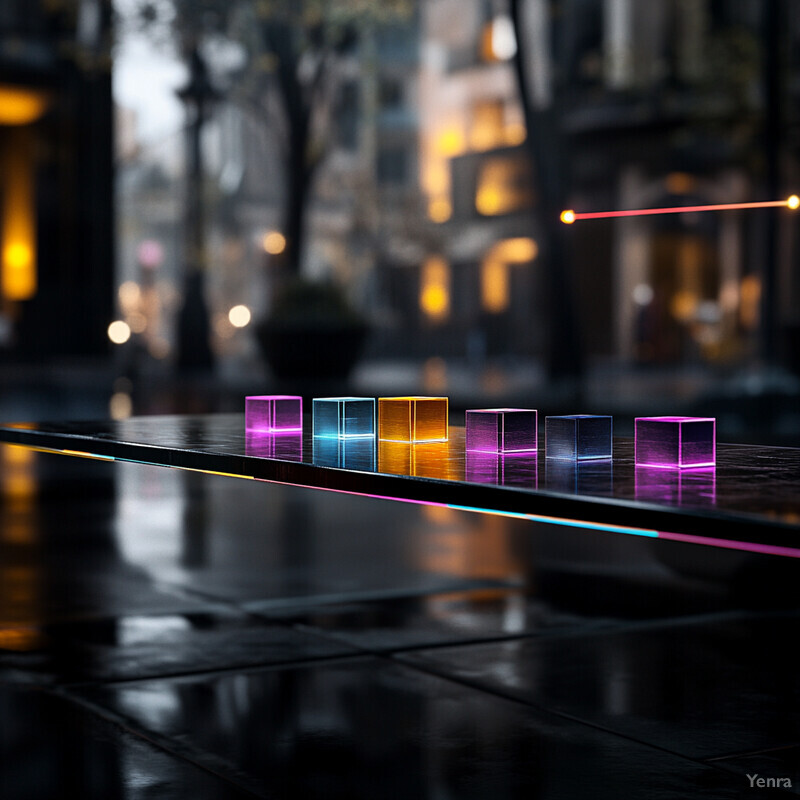 Neon cubes in a row on a reflective surface