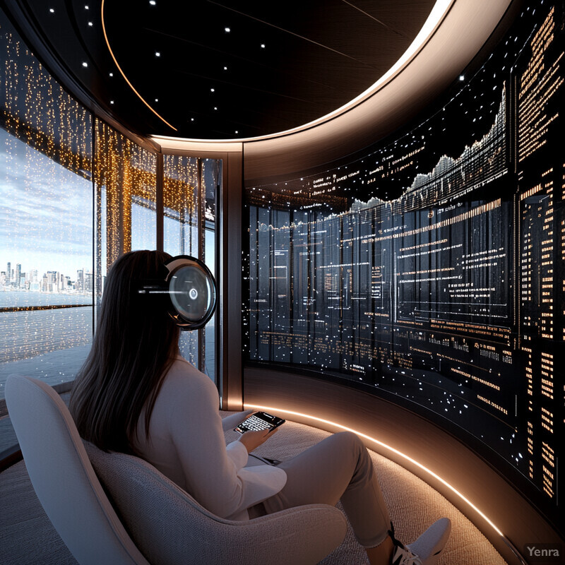 A woman is sitting in a futuristic room with large screens on three walls, wearing headphones and holding a tablet.