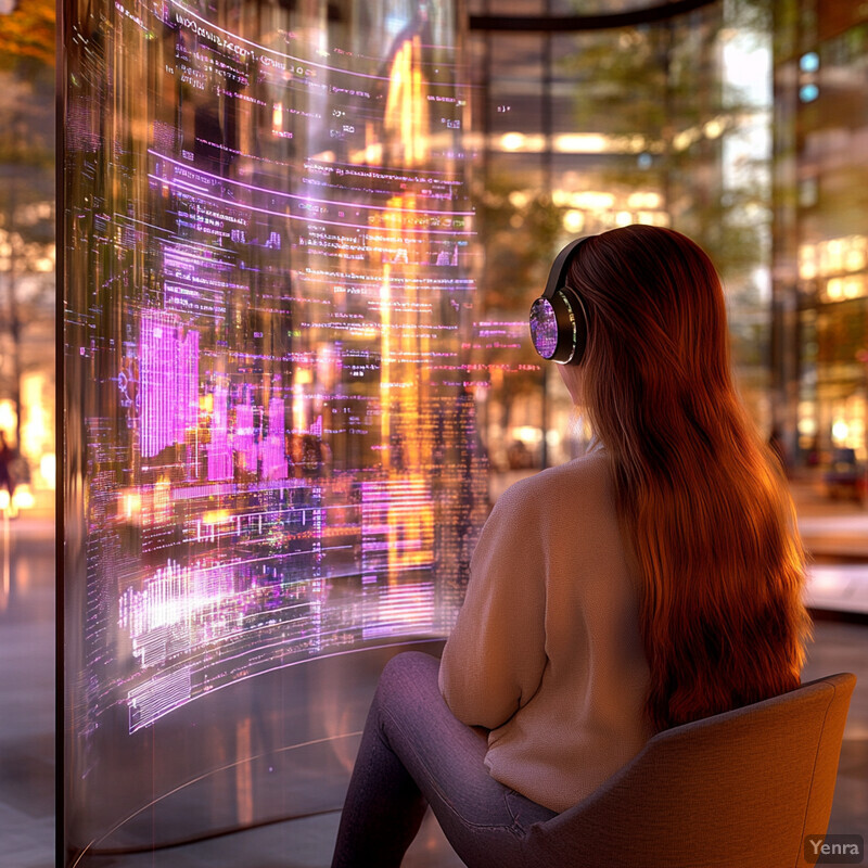 A woman sits in front of a large screen displaying data and charts.