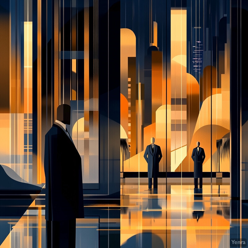 A stylized illustration of four suited figures standing in an abstract setting, characterized by geometric shapes and vibrant colors.