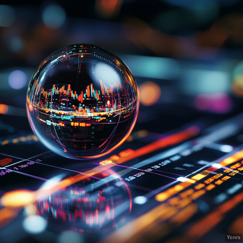 A crystal ball sits atop a graph or chart displaying financial data.