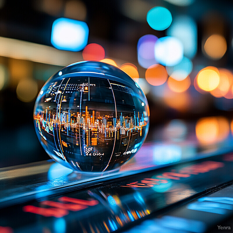 A unique perspective on a nighttime cityscape through a glass ball placed on an electronic device.