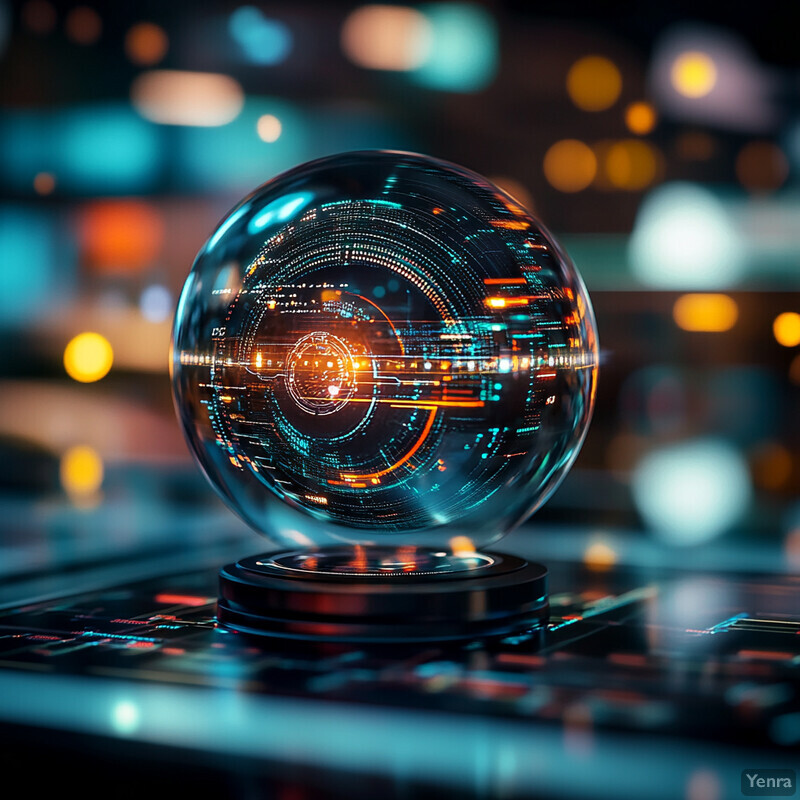 A crystal ball with a futuristic design sits on a dark-colored base resembling a circuit board, surrounded by neon lights.