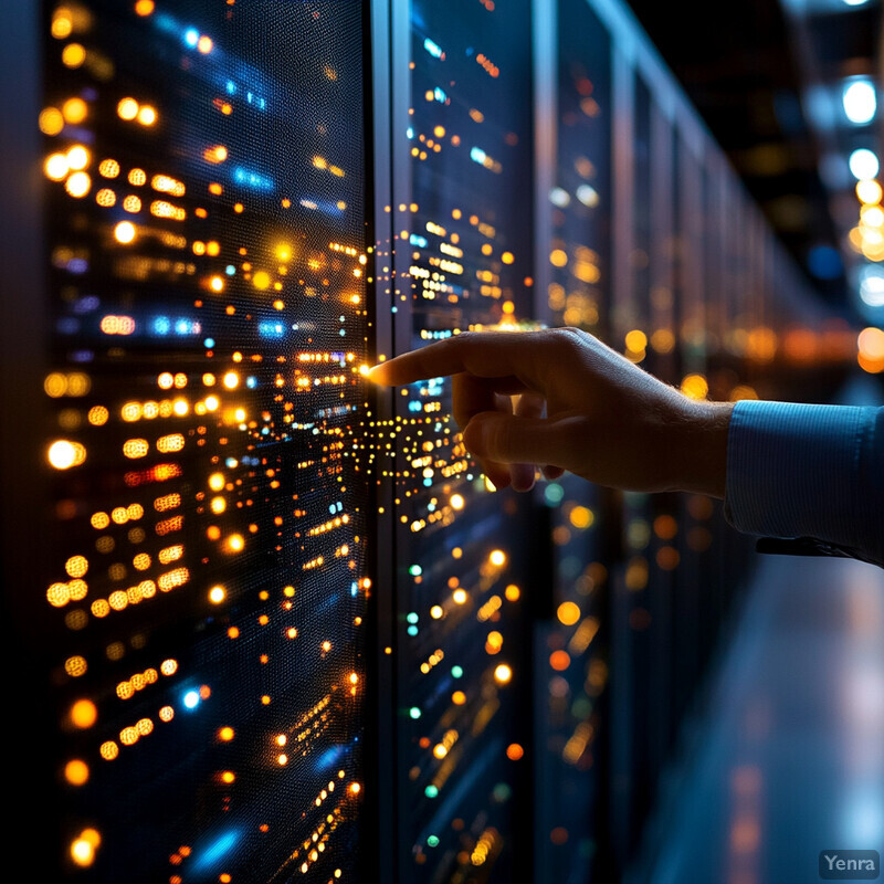 A person's hand reaches out to touch a large screen displaying rows of lights in various colors.