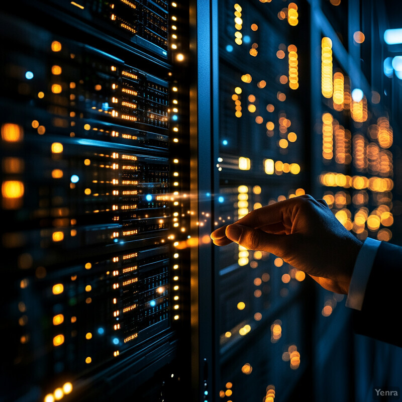 A person stands in front of a large server room, inspecting one of the servers.