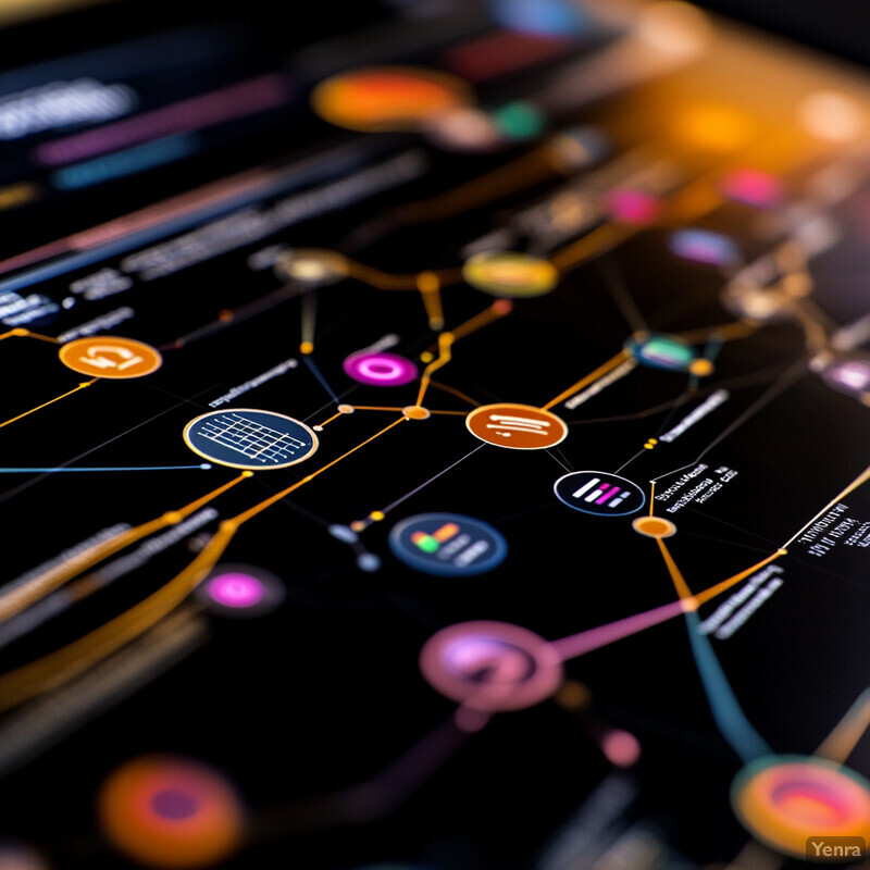 A close-up of a computer screen displaying an infographic with various elements representing relationships between assets or categories.