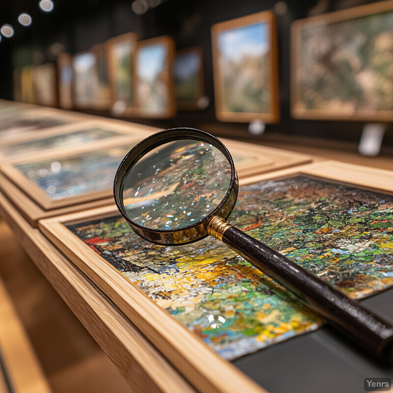 A magnifying glass is placed on top of a mosaic artwork in an art gallery or museum setting.