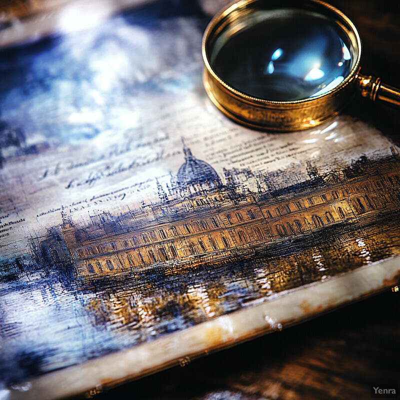 An open book with a gold magnifying glass on top of it, featuring an illustration of a building in the background.