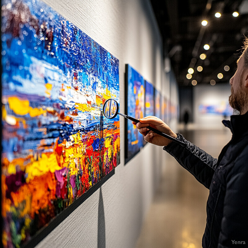 A man examines a vibrant abstract painting in an art gallery or museum.