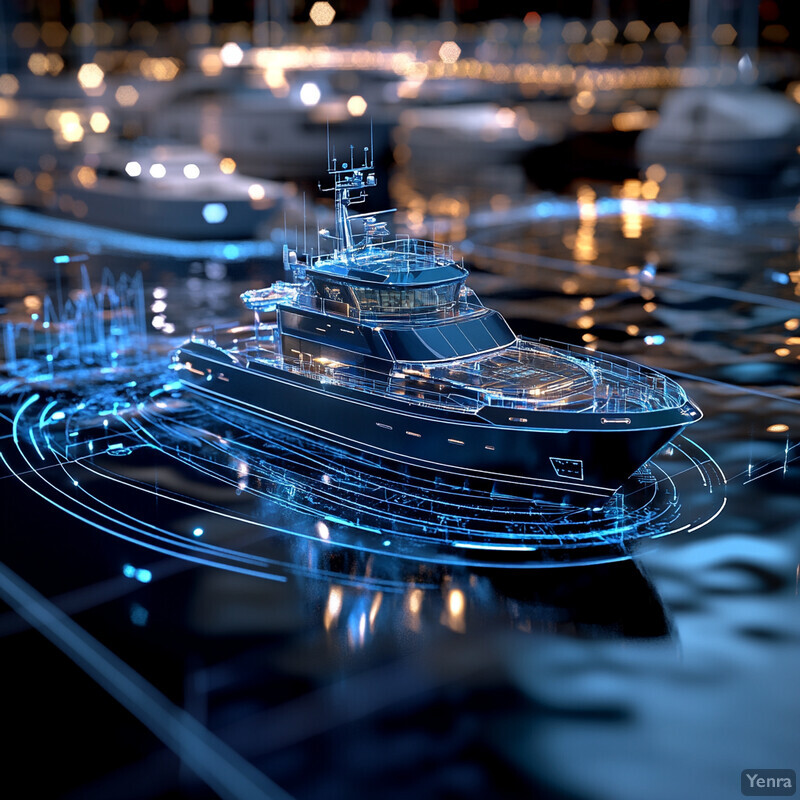 A futuristic-looking boat with a glowing blue outline in a marina at night