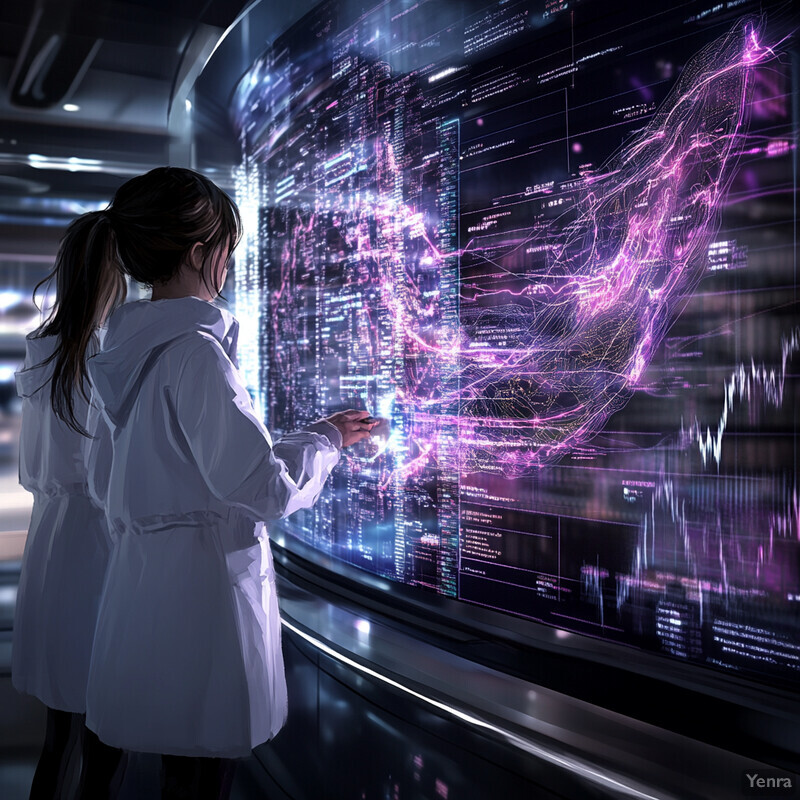 A woman stands in front of a large screen displaying a complex data visualization.