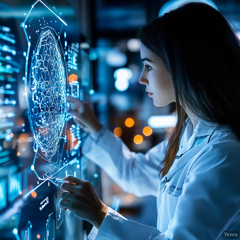 A woman in a lab coat examines data on a large screen in an office or laboratory setting.