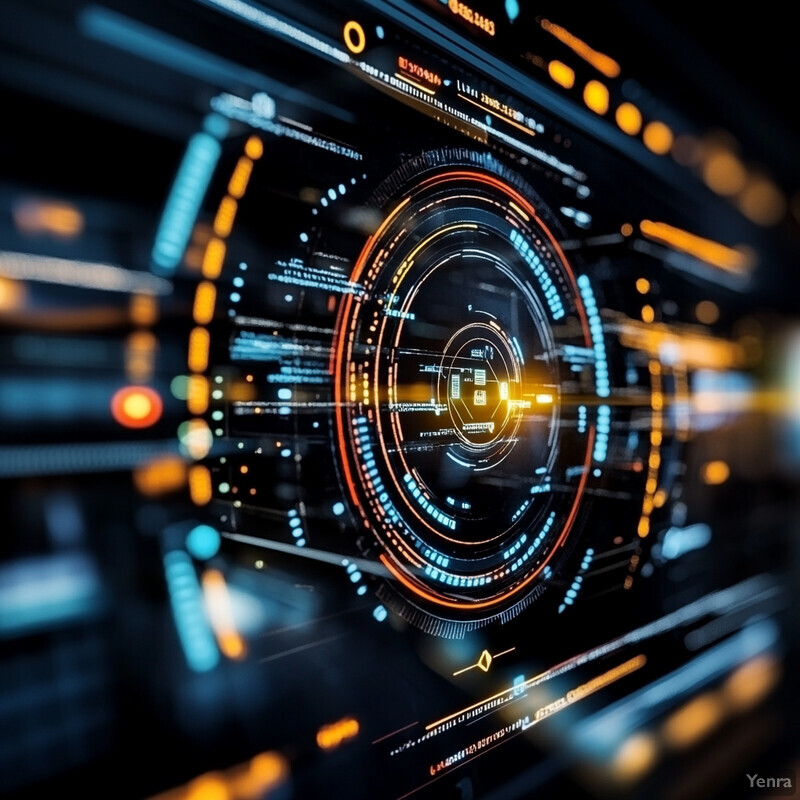 A futuristic representation of real-time strategy execution monitoring with a central display and surrounding screens displaying different data points.