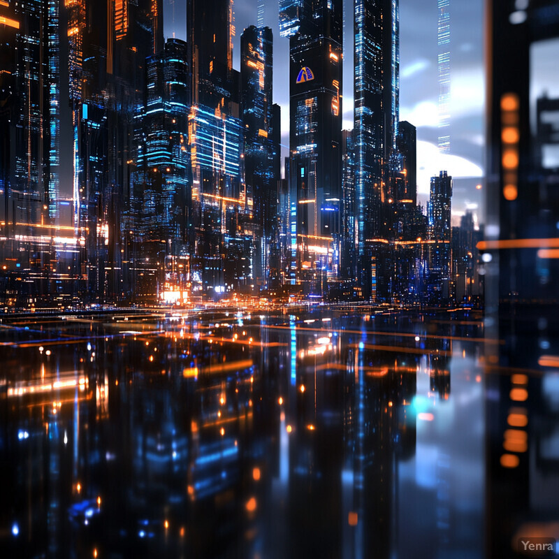 A futuristic cityscape at night, with towering skyscrapers and a sprawling metropolis.