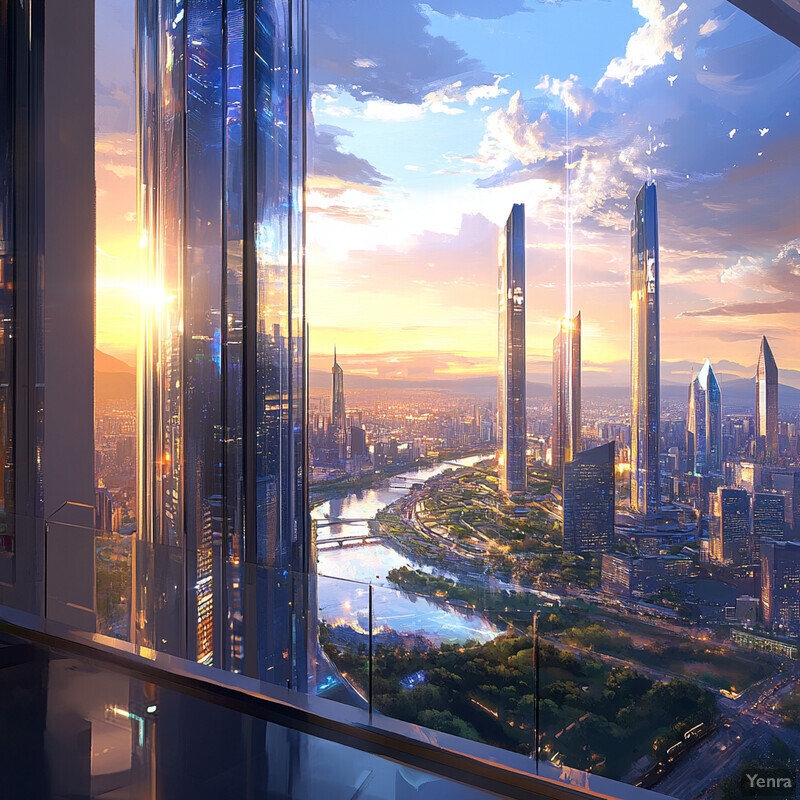 A futuristic cityscape with towering skyscrapers and a bustling river running through it.