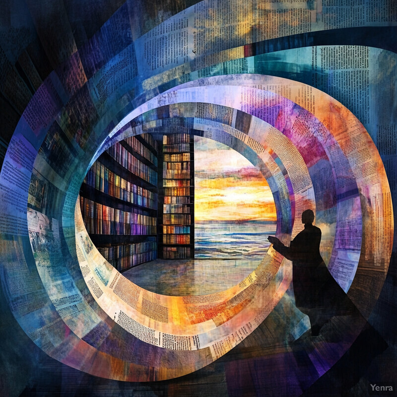 A serene and imaginative scene featuring a circular tunnel composed of book pages with a sunset view through the center.