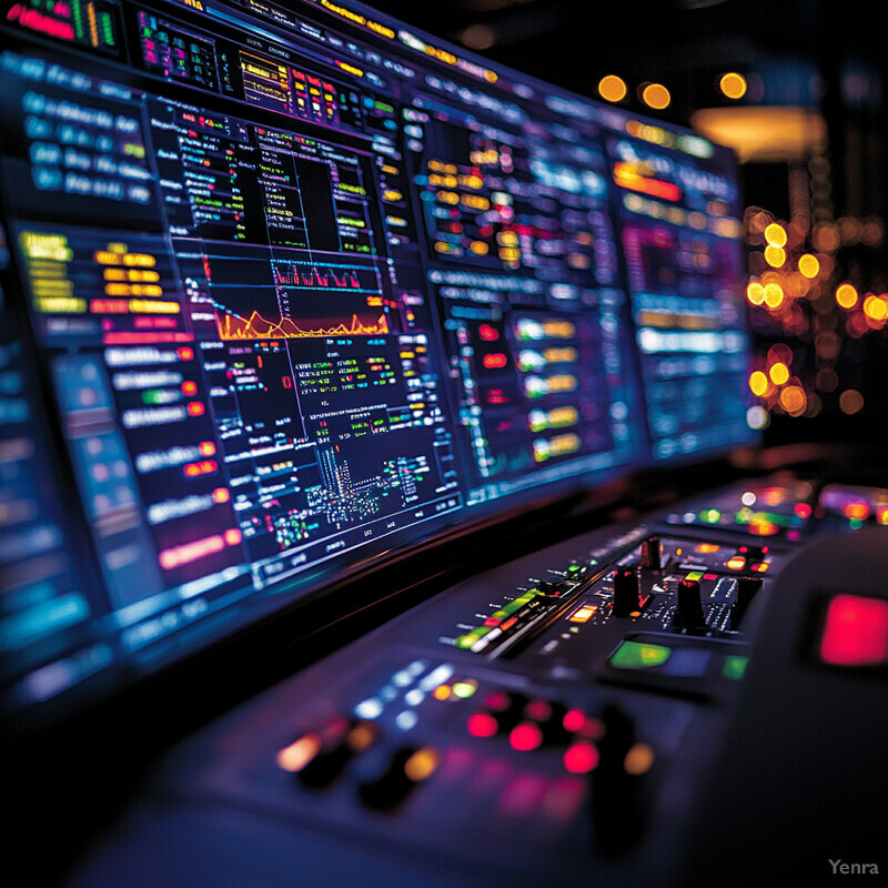 Complex control panel with multiple screens displaying various data and graphs.