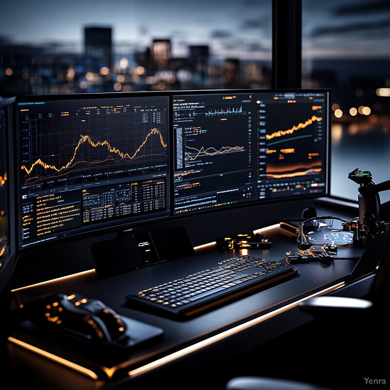 A computer workstation with multiple monitors displaying stock market data.