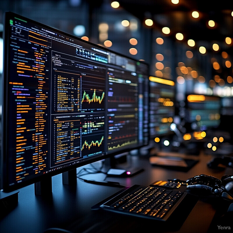 Computer setup with multiple monitors displaying graphs and charts.