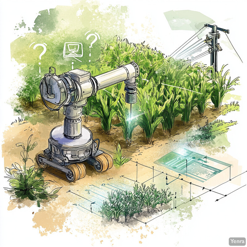 An agricultural field with a robotic arm and corn stalks.